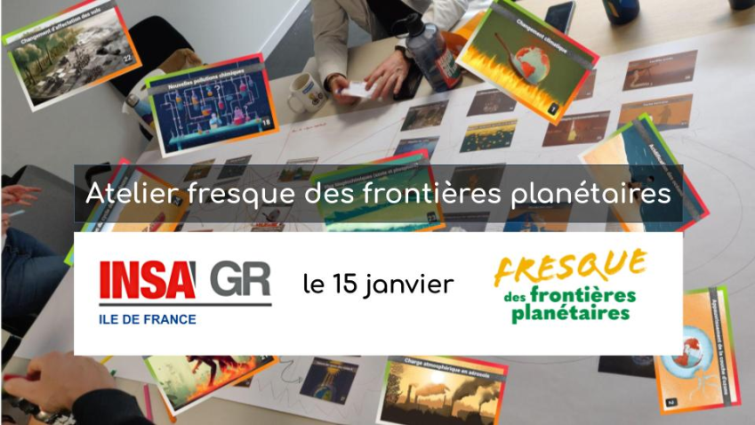 atelier fresque des frontières planétaires le 15 janvier, image en fond avec des cartes du jeu et les logos des asso